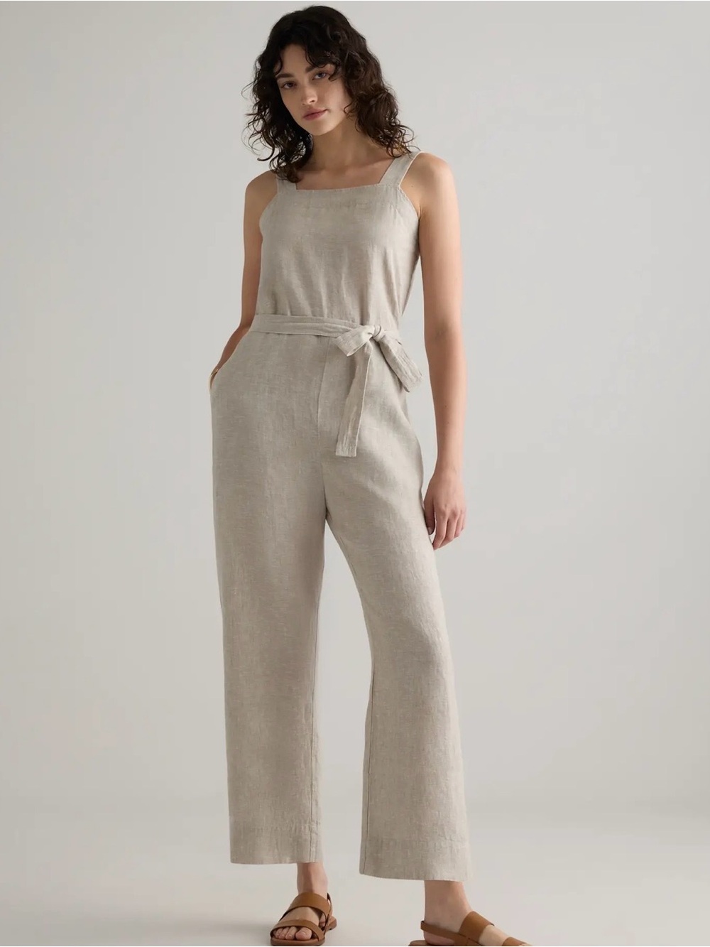 Quince Neutral Linen Tie-Waist Jumpsuit in Light Beige